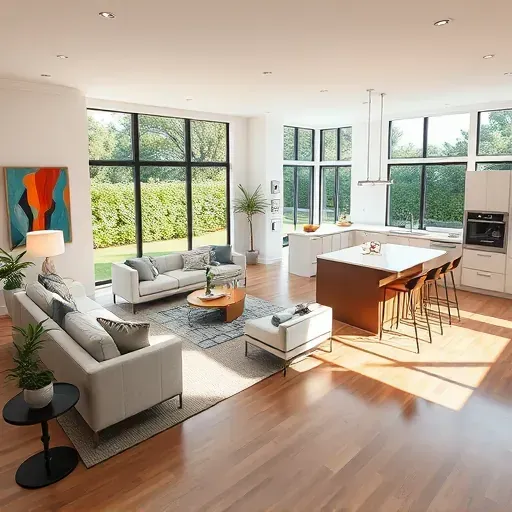 Modern open-concept living room in Pinellas Park, featuring elegant furnishings, natural light, and lush greenery.