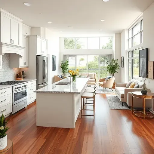 Modern kitchen renovation in Largo, FL features sleek white cabinetry, granite island, and stainless appliances in bright living space.