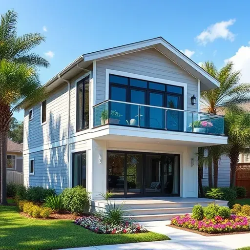 Charming Tampa suburban home with a modern second-story addition featuring large windows balcony and lush landscaping