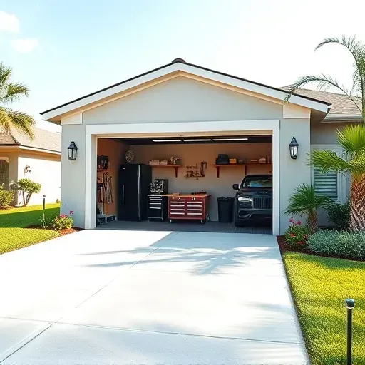 Recently completed modern garage addition in Tampa with clean lines, high-quality finishes, lush landscaping, and organized interior