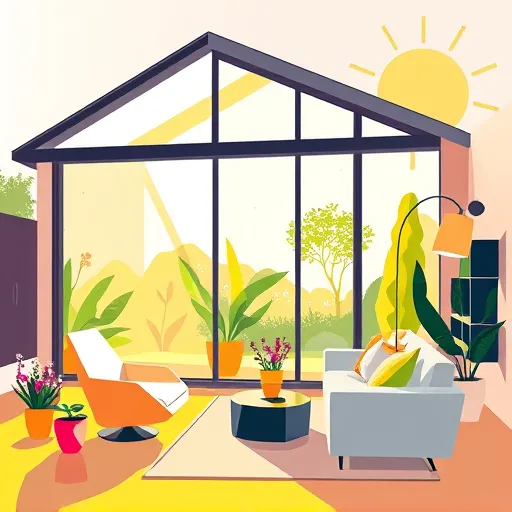 A vibrant geometric illustration of a sunroom addition seamlessly extending from a modern house, featuring large triangular and rectangular window panes flooding the space with warm sunlight. The scene includes stylized, simplified greenery outside the windows, such as abstract trees, potted plants, and cheerful flowers. Inside, there are polygonal and angular furniture pieces—like a faceted coffee table, a polygonal armchair, and angular shelving—plus whimsical decor such as oversized teapots and sculptural lampshades. The background hints at a serene garden with torn-paper-like shapes and bold, stylized sunrays radiating in the clear sky. The color palette combines warm yellows, soft greens, cool greys, with accents of pale pink and deep blue, conveying a bright, cheerful, and harmonious mood that emphasizes modern design and nature-inspired elegance through sharp geometric patterns and clean lines.