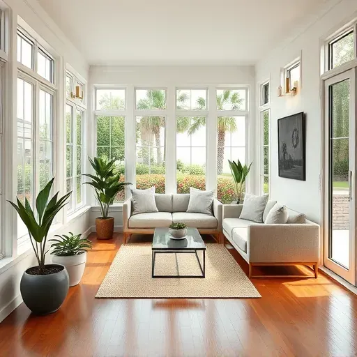 Beautiful enclosed porch in Tampa with large windows, hardwood floors, cozy furniture, greenery, and lush garden views