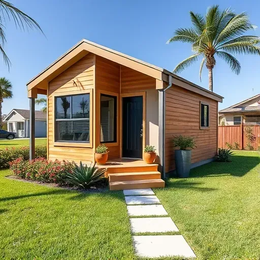 Modern ADU in Tampa with warm wood siding, large energy-efficient windows, lush landscaping, and Florida sunshine