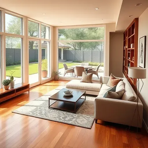 Renovated Tampa family room with large windows, warm wood floors, modern furniture, built-in shelves, and lush backyard view