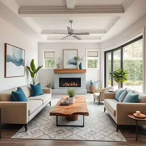 Elegant Wesley Chapel living room with cozy beige sofas, reclaimed wood coffee table, and lush backyard view.