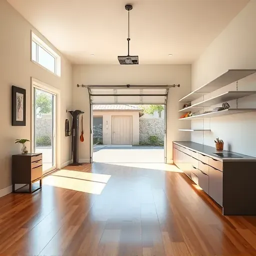 Completed stylish garage conversion in Tampa with modern design, polished hardwood floors, natural sunlight, and organized storage