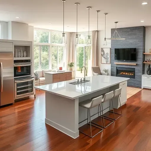 Modern kitchen in Lutz FL with stainless steel appliances, quartz countertops, and natural light from large windows.