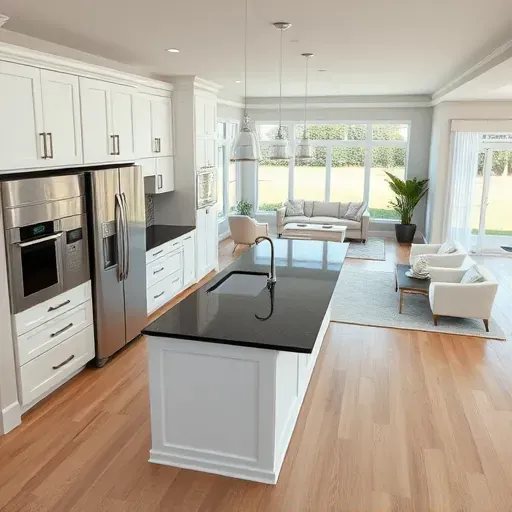Modern kitchen remodel in Zephyrhills FL featuring white cabinetry, dark granite, and natural light-filled spaces.