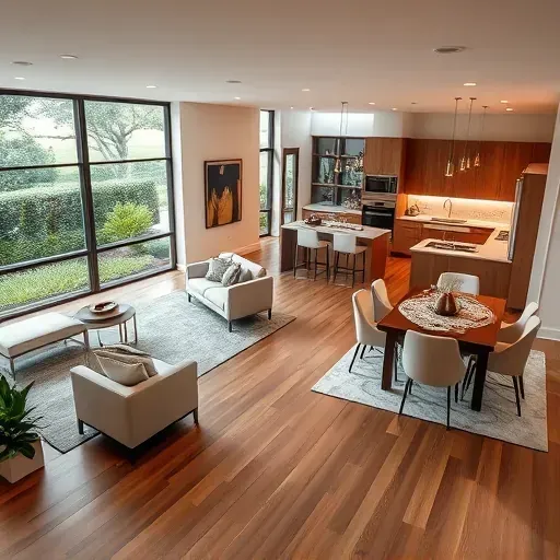 Home remodeling in Kenneth City FL featuring a modern open-concept living room with sleek hardwood floors and stylish decor.