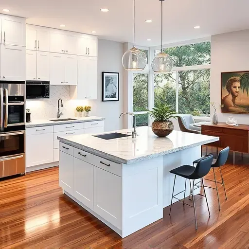 Modern kitchen in Oldsmar, FL features sleek white cabinetry, gray marble island, and natural light enhancing the decor.