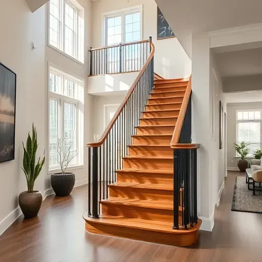 Modern home's polished wooden staircase with sleek iron railings, elegant lighting, and spacious airy hallway with natural sunlight