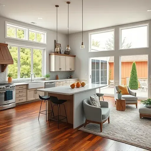 Modern remodeled kitchen and living area in Safety Harbor, FL, featuring high-end appliances and elegant decor.