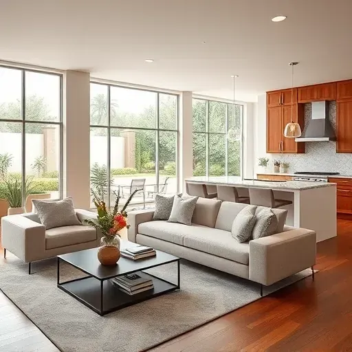Modern open-concept living space in Holiday FL with stylish decor, natural light, and seamless kitchen integration.