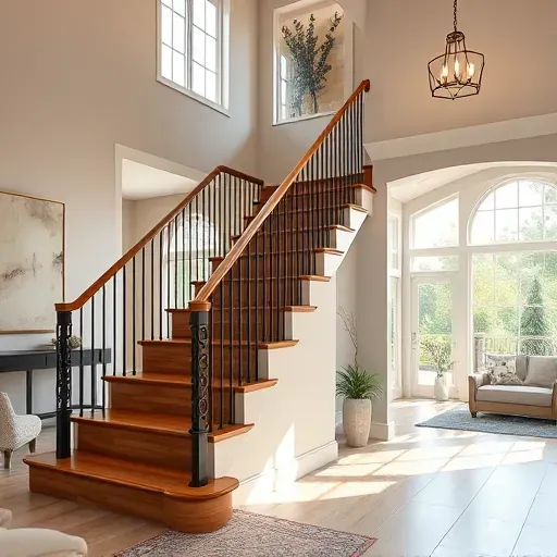Beautiful residential staircase in Tampa with polished wood treads wrought iron balusters sleek metal handrails and natural lighting