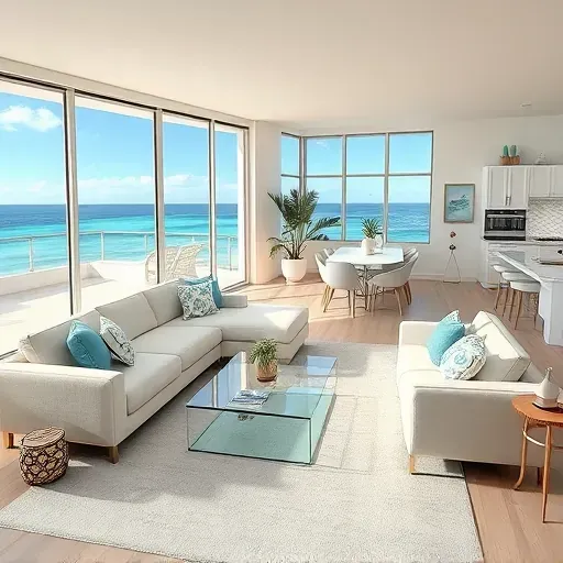 Coastal-inspired living room in Clearwater Beach with ocean views, elegant furnishings, and natural light.