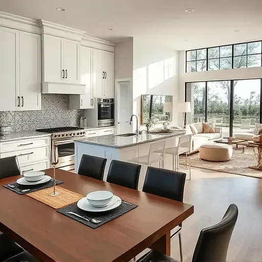 Beautifully renovated Westchase kitchen with white cabinetry, granite island, and stainless steel appliances, featuring cozy dining area.