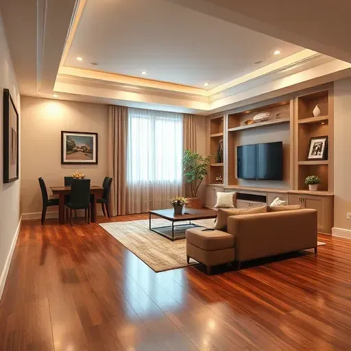 Finished Tampa basement with hardwood floors, crown molding, sofa, entertainment center, and natural light.