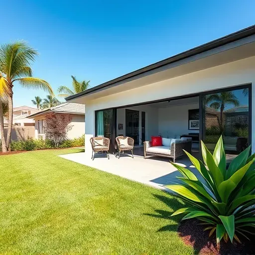 Recently completed modern house extension in Tampa Florida featuring a lush landscaped backyard, sleek design, and stylish outdoor living space