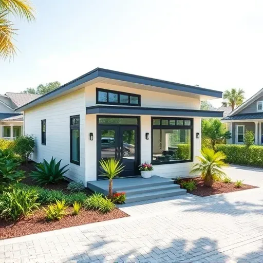 Modern ADU in Tampa with large energy-efficient windows, lush native plants, sleek design, and welcoming front porch