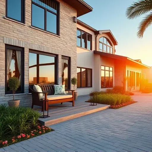 Modern home remodeling in Trinity FL with elegant stone and wood facade, inviting porch, and vibrant landscaping.