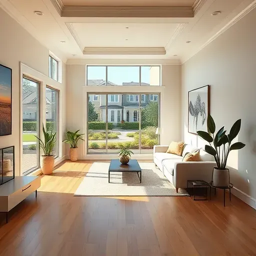 Bright Tampa room addition with large windows, modern finishes, hardwood floors, neutral walls, stylish furniture, and lush neighborhood views