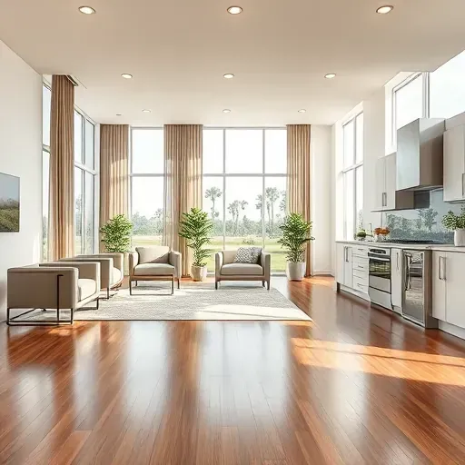 Modern open-concept living area in Sun City Center FL with polished hardwood, elegant kitchen, and natural light.