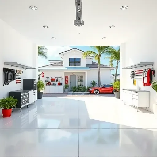 Modern Tampa garage extension with pristine white walls, epoxy floors, organized storage, tropical landscape, and stylish home exterior