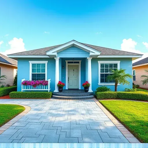 Modern home in Dade City FL with light blue exterior, white trim, charming porch, lush landscaping, and inviting atmosphere.