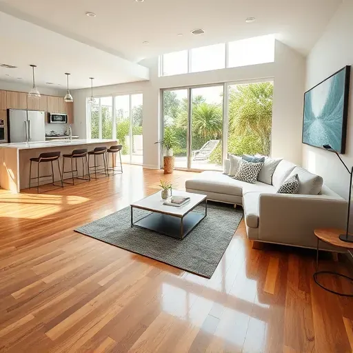 Contemporary Treasure Island home remodeling features open floor plan, modern furnishings, and lush coastal views.