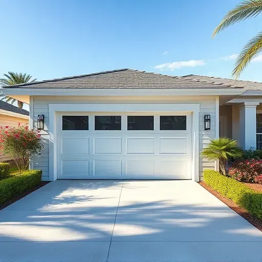 Newly completed modern garage addition in Tampa with sleek white paneled doors, glass windows, landscaped surroundings, and bright sunny setting