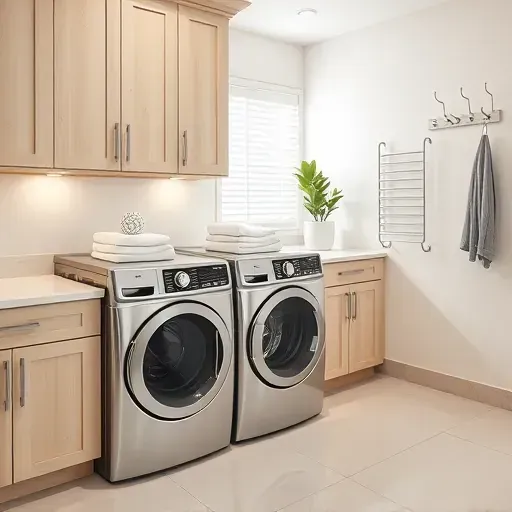 Modern organized laundry room in Tampa with stainless appliances, quartz counters, light wood cabinets, LED lighting, and natural sunlight