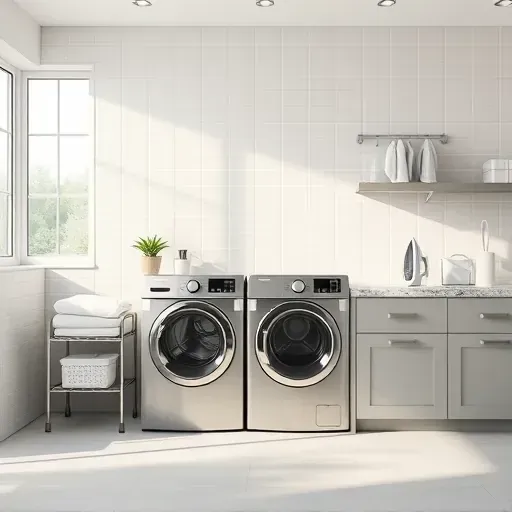 Modern Tampa laundry room with stainless steel appliances, granite countertops, storage cabinets, and natural lighting