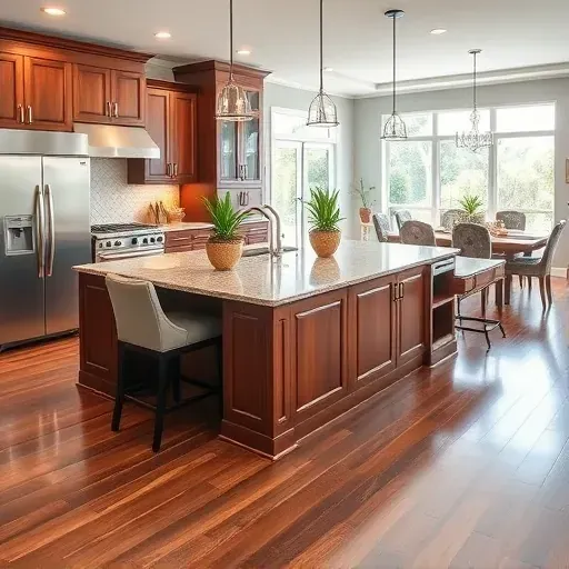 Modern kitchen remodel in Riverview FL featuring high-end appliances, granite island, rich cabinetry, and vibrant plants.