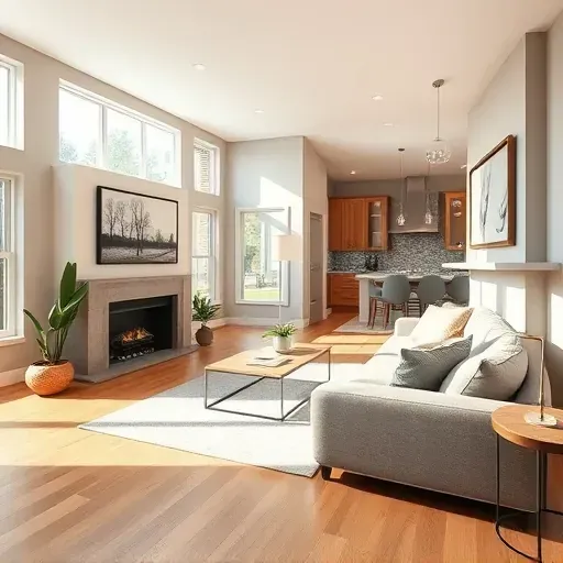 Bright renovated family room in Tampa with hardwood floors, large windows, cozy modern decor, fireplace, and open kitchen