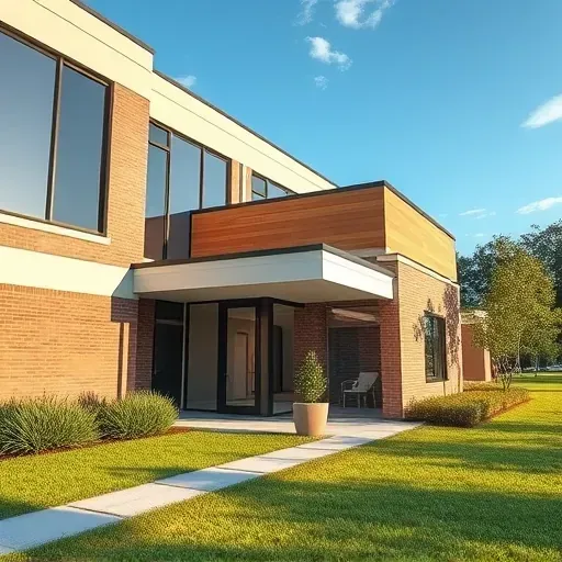 Modern Tampa building with a seamless bump out addition, landscaped exterior, large windows, and clear sunshine.