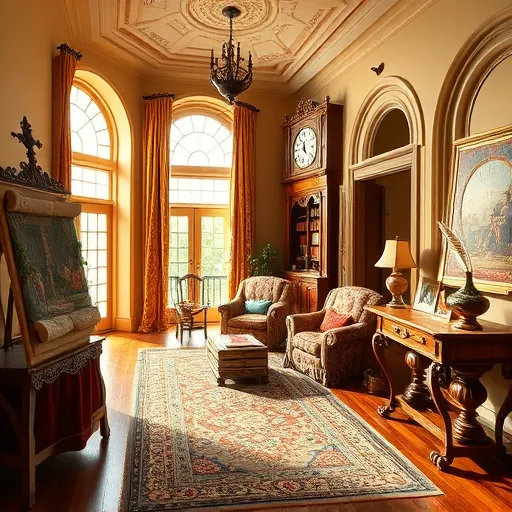 An elegant family room undergoing a charming transformation, featuring classical and modern design elements. The spacious, sunlit interior has polished wooden floors and ornate patterned rugs. Vintage wooden furniture, including a grand barrel-backed armchair, a vintage coffee table, and elaborately decorated bookshelves filled with colorful books, contribute to the historic ambiance. A whimsical, oversized clock with playful details adds humor, while vintage scrolls, floral tapestries, and gilded picture frames adorn the walls. Tall windows draped with embroidered curtains pour warm, golden light into the room, creating a cozy atmosphere. A renaissance-style artist’s easel displays a semi-finished painting humorously depicting a modern family in this timeless setting, symbolizing blending contemporary and classical styles. Tiny details like a flying feather quill in an inkwell and an ornate clock with a quirky face add personality. Decorative motifs of vines and floral borders intertwine with architectural features such as arched doorways, intricate stuccoes, and frescoed ceilings, rendered in warm golds, deep reds, and earth tones. The scene captures a harmonious mix of nostalgia, elegance, and playful evolution, illustrating the joy of expanding and personalizing a family space with historical charm and creative flair.