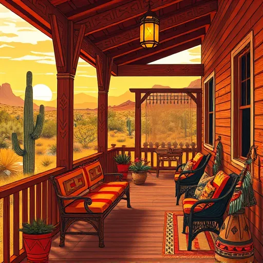 A detailed illustration showcasing the transformation of an enclosed porch into a cozy, inviting outdoor living space inspired by Native American art. The wooden porch features beams and railings with intricate geometric patterns and carvings reflecting traditional Native motifs, highlighted in earthy reds, deep browns, and warm ochres. The background depicts a lush desert landscape with tall cacti, mesquite trees, and distant mesas under a golden sunset, creating a serene, warm atmosphere. Colorful cushions with Native-inspired weaving patterns rest on rustic wooden benches, while handcrafted lanterns hanging from the beams cast soft, flickering light, adding a playful glow. A small, whimsical totem pole decorated with feathers and beadwork stands at one corner, enhancing cultural depth. Potted desert succulents and native plants are thoughtfully arranged, blending natural elements with crafted decor. The scene exudes calmness and a connection to nature, celebrating cultural artistry and natural beauty through bold lines, intricate patterns, and harmonious earthy color palettes that evoke warmth, tradition, and peaceful transformation.