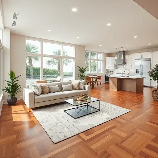 Renovated living room in Tarpon Springs FL with hardwood floors, large windows, minimalist decor, and inviting kitchen.