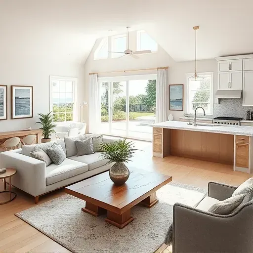 Elegant coastal-style living room in Treasure Island FL featuring large windows, hardwood floors, and modern decor.