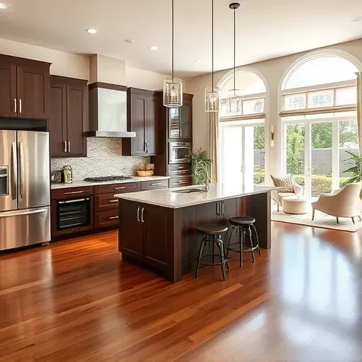 Modern kitchen remodel in Dunedin FL with stainless steel appliances, granite island, dark wood cabinetry, and natural light.