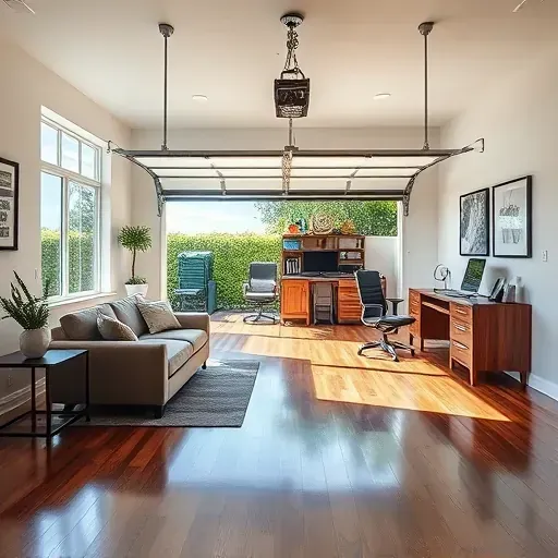 Recently finished Tampa garage conversion with modern design, hardwood floors, stylish furniture, and natural light.