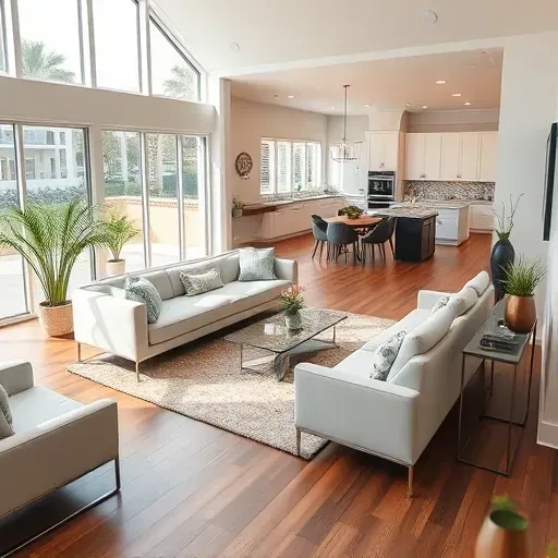 Spacious Gulfport living room features modern furniture, elegant hardwood floors, and large windows for natural light.