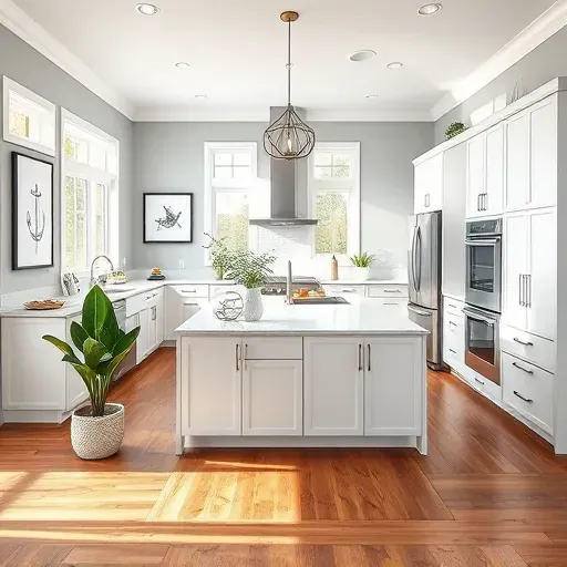 Modern kitchen remodel in Oldsmar, FL with white cabinetry, quartz island, stainless steel appliances, and coastal decor.