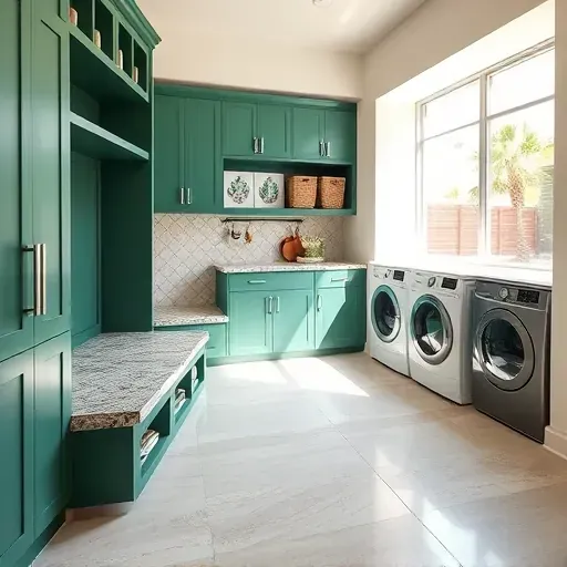Beautiful mudroom with emerald cabinetry, granite bench, ceramic tiles, lush Tampa yard view, natural sunlight