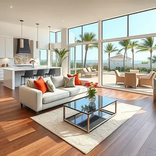 Transforming Clearwater Beach living room featuring large windows, hardwood floors, and modern coastal decor.