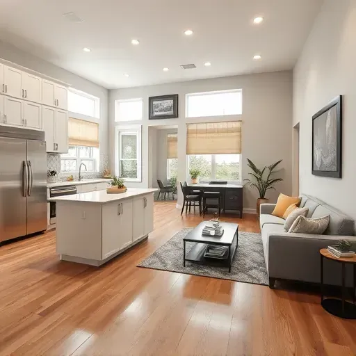 Modern kitchen and living area in Zephyrhills FL features stainless steel appliances quartz counters and elegant decor.