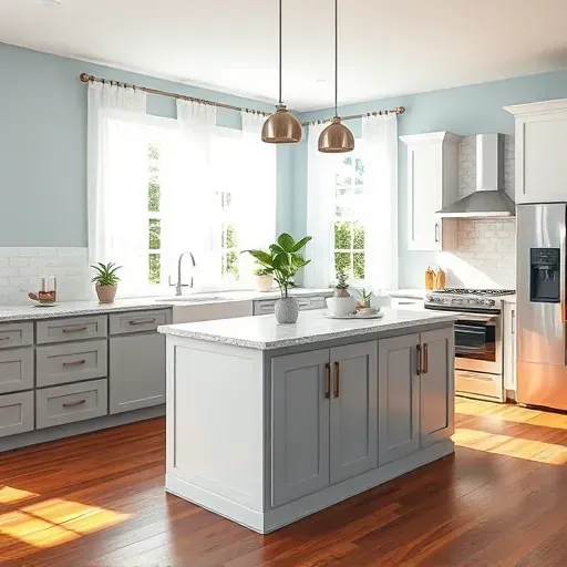 Modern kitchen in New Port Richey featuring gray and white cabinetry, granite countertops, and hardwood flooring.