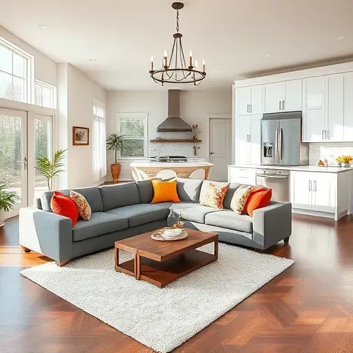 Spacious Tampa living room with gray sectional, wooden coffee table, large windows, and sophisticated decor.