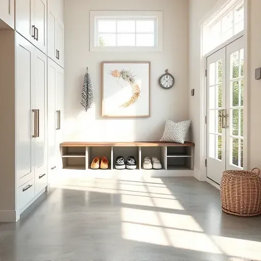 Renovated Tampa mudroom with polished concrete floors, stylish cabinets, shoe racks, natural light, coastal decor