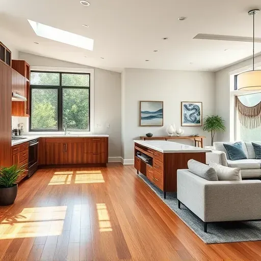 Modern kitchen and living area in Hudson, FL with sleek appliances, rich cabinetry, and polished hardwood floors.